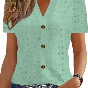 Short sleeve mint green lace t-shirt for women featuring a V-neck and button detailing
