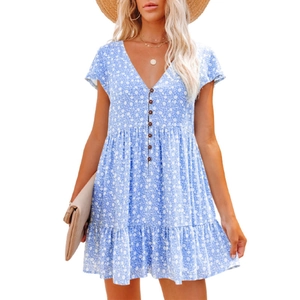 Light blue floral V-neck mini dress with wooden buttons and layered ruffle hem