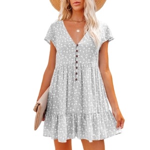 Women's V-neck floral summer dress with buttons and tiered skirt in light grey