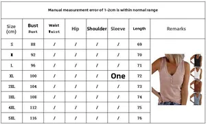Size chart for women's V-neck button tank top including bust and length from S to 5XL