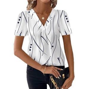 Camicetta da donna con scollo a V a maniche corte bianca con stampe geometriche nere astratte