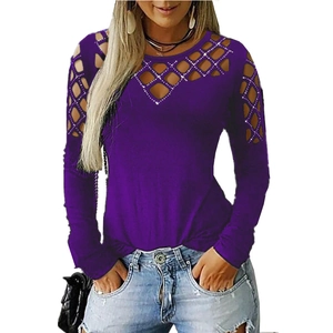 Women's slim fit purple long sleeve top with rhinestone cutout mesh shoulder design