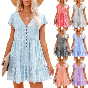Women Casual V Neck Button Floral Short Sleeve Mini Dress Summer Boho Tiered Hem Babydoll Sun Dress Beach Vacation Vestido