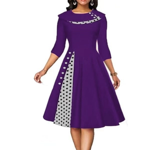 Abito midi svasato viola retrò con colletto a pois e dettagli patchwork da donna