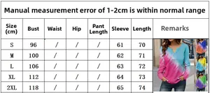 Detailed size chart for women's V-neck digital print long sleeve top in sizes S to 2XL