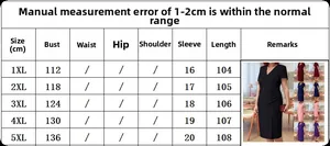 Size chart for V-neck plus size dress from 1XL to 5XL with cm measurements