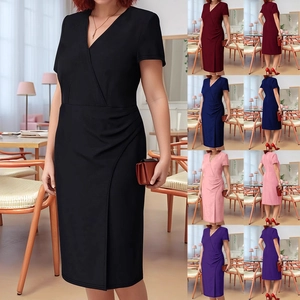 V-neck short sleeve dress available in black, burgundy, navy, pink, and purple colors