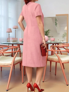 Back view of elegant pink short-sleeved A-line dress in a modern home interior setting