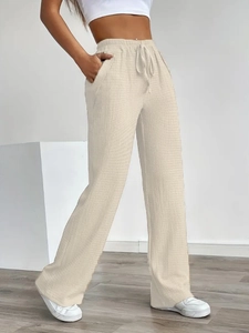 Women Waffle Texture Wide Leg Pants Elastic Waist Drawstring Casual Loose Trousers Solid Color Straight Leg Pants Pocket