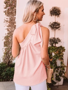 Pink one-shoulder top with a stylish shoulder bow tie detail and casual loose fit