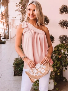 Elegant one-shoulder pink sleeveless top with bow tie detail for summer casual wear