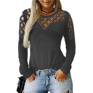 Women's black long sleeve T-shirt with hollow-out rhinestone shoulder and neck detail