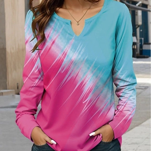 Women's V-neck long sleeve top featuring abstract pink and sky blue brushstroke patterns