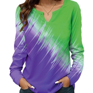 Women's V-neck long sleeve T-shirt featuring purple and green gradient ink print