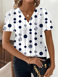 Top a maniche corte con scollo a V da donna bianco con motivi geometrici a pois neri