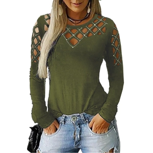 Women's long sleeve top in army green with hollow-out diamond details on the neckline