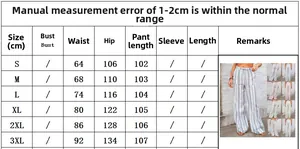 Detailed size guide table for women striped loose casual trousers from S to 3XL