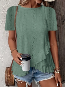 Camiseta verde Morandi de manga corta con detalles de encaje y dobladillo volante