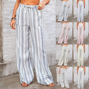 Vertical striped wide-leg pants for women featuring drawstring waist and multiple colors