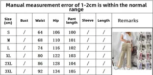 Tableau des tailles pour pantalons larges montrant les mesures du S au 3XL en plusieurs couleurs