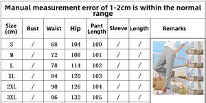 Detailed size chart for women's striped casual pants showing waist and hip measurements