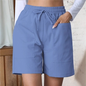 Women's light blue linen casual shorts with elastic drawstring waist and large pockets