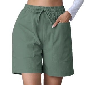 Women's sage green linen casual shorts with elastic drawstring waist and large pockets