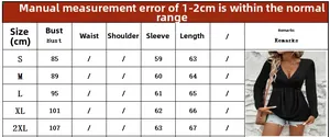 Size chart for women V-neck long sleeve top with twist detail showing measurements S to 2XL