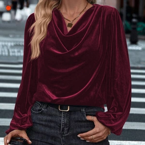 Elegant wine red velvet cowl neck long sleeve top for women in urban street style