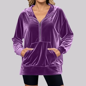Women's dark purple velvet hoodie with half-zip, long sleeves and front kangaroo pocket