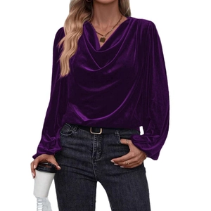 Elegant deep purple velvet long sleeve top with cowl neck and lantern sleeves for women