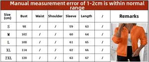Size chart showing bust and length for orange long sleeve hooded knit sweatshirt with zipper