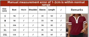 Size chart showing bust and length measurements for women's V-neck zipper short sleeve T-shirt