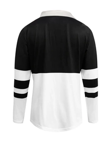Back view of a long-sleeved polo shirt with black and white color block design