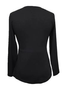 Close-up of the back view of a slim-fit black knit long-sleeve top with stitching detail