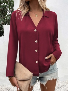 Elegant deep red long-sleeve ice silk shirt with V-neck and button details for women