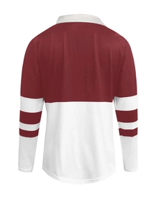 Back view of a long-sleeved polo shirt featuring burgundy stripes and white contrast panel