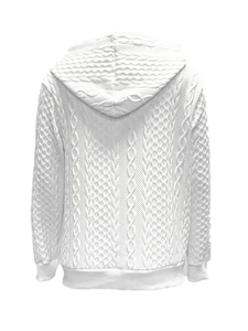 Detailed back view of white cable knit hoodie showing textured geometric weaving patterns