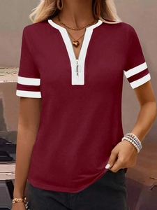 Detail of burgundy V-neck T-shirt with zipper decor and white stripes on sleeve