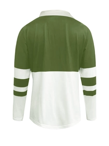 Rear view of long sleeve green and white striped polo shirt with sleeve stripe detail