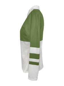 Detailed side view of olive green and white color-block sweatshirt with sleeve stripes