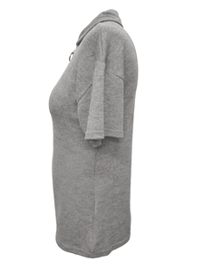 Close-up side view of gray knitted Polo shirt featuring a zipper collar and metal ring