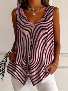 Detail of pink zebra print sleeveless top with V-neck and decorative white buttons