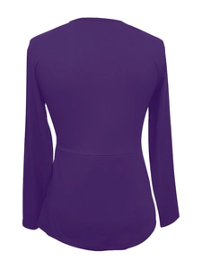 Detail view of the back seam and slim fit design of this deep purple long sleeve top