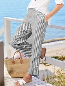 Women Striped Casual Pants Loose Elastic Waist Cropped Straight Trousers With Buttons Summer Autumn