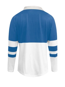 Close-up of blue and white color-block rugby shirt with polo collar and striped sleeves