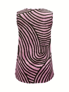 Close-up of sleeveless pink vest with black wavy circular print and button details
