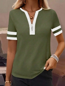 Detail of army green short sleeve top with V-neck zipper and white stripes on sleeves