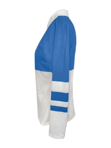 Detail of blue and white color-block long sleeve shirt with athletic stripe on sleeves