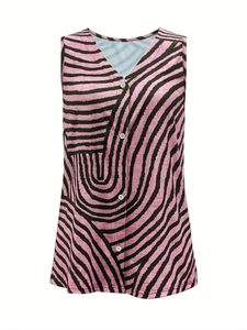 Detail of V-neck printed sleeveless vest featuring five white buttons and wavy pink pattern
